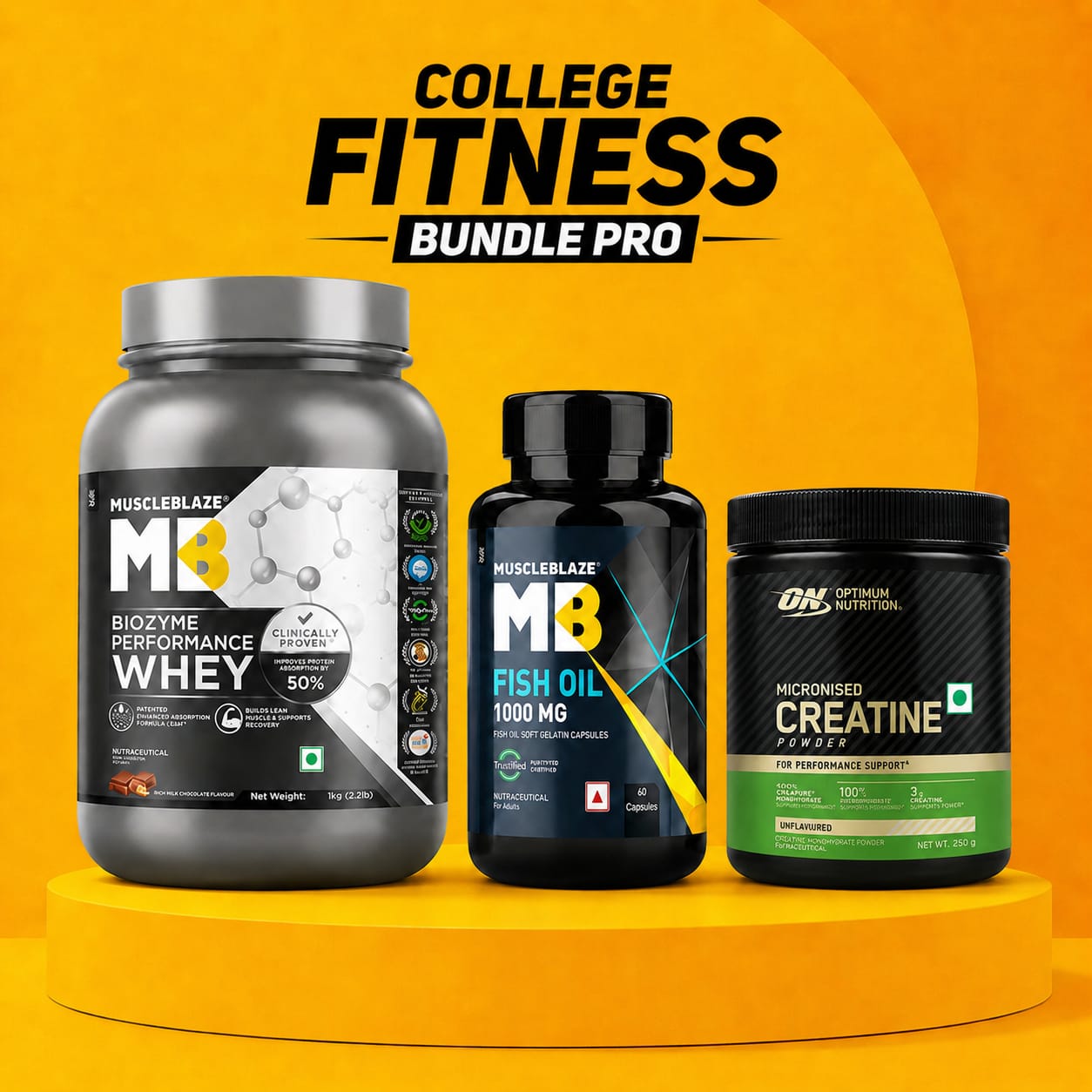 Muscle blaze 1kg whey + Muscle blaze normal fish oil + ON Unflavored creatine 250gm combo