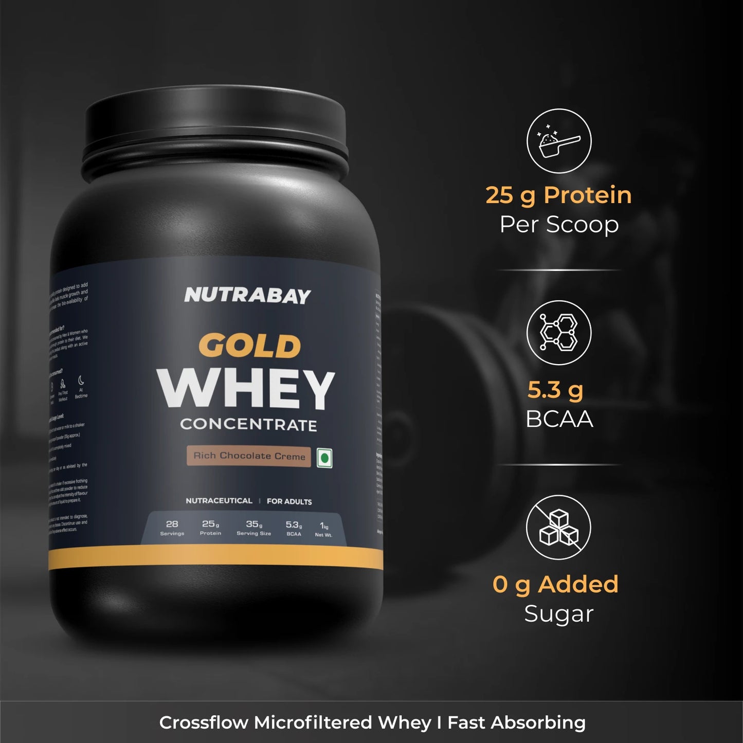 Nutrabay Gold 100% Whey Protein Concentrate - 1 Kg (2.2 Lb)
