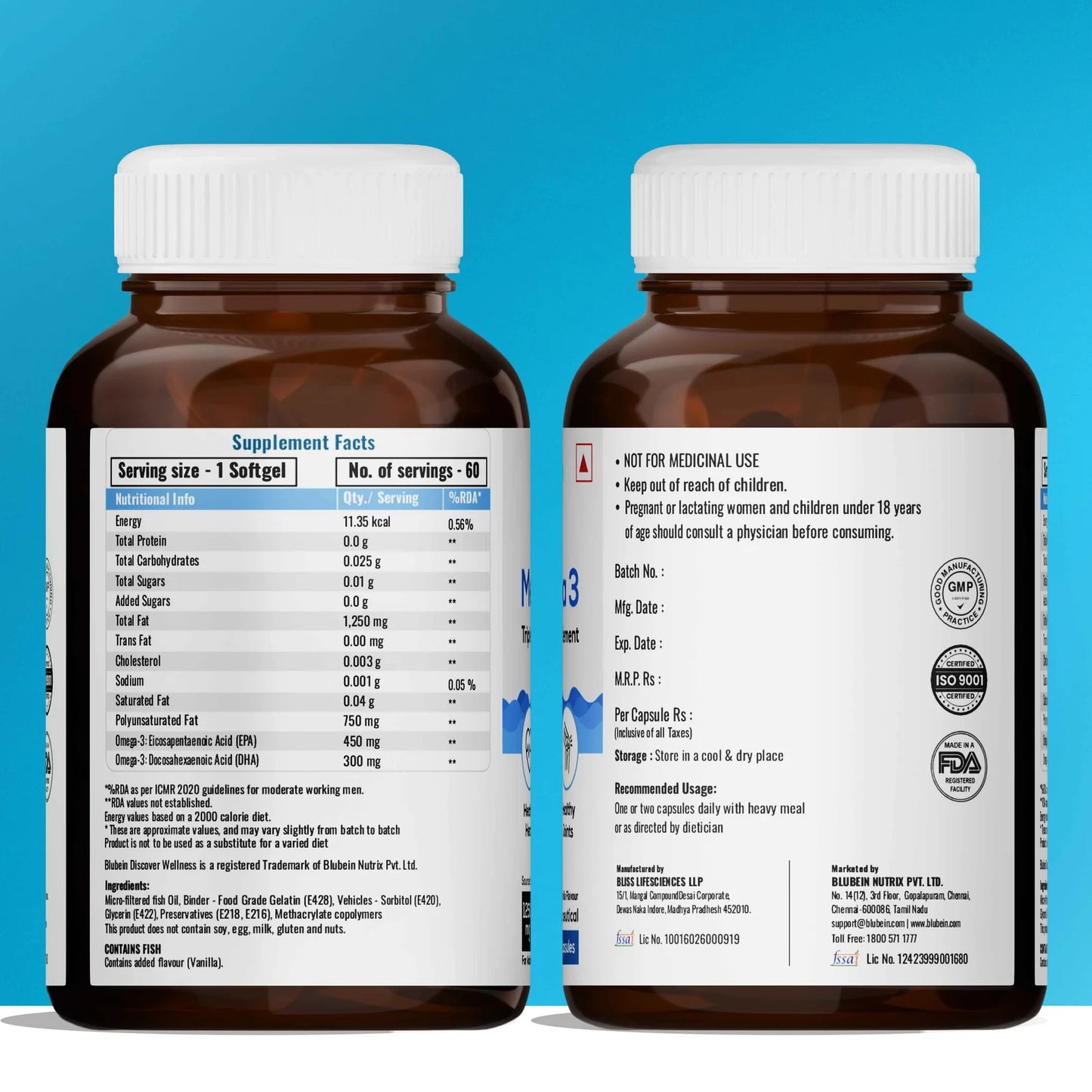 Blubein Mega Omega 3 Fish Oil 60 Capsules, Triple Strength
