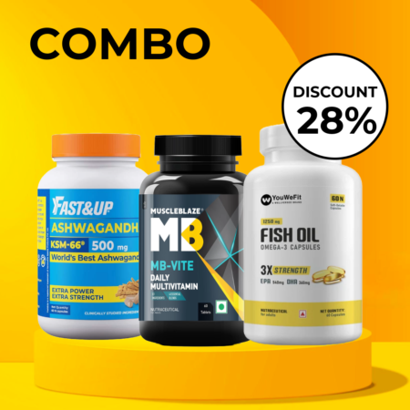 Fast&up ashwaghantha 60caps + Muscleblaze multivitamin 60caps + Youwefit fishoil 3x strength 60caps