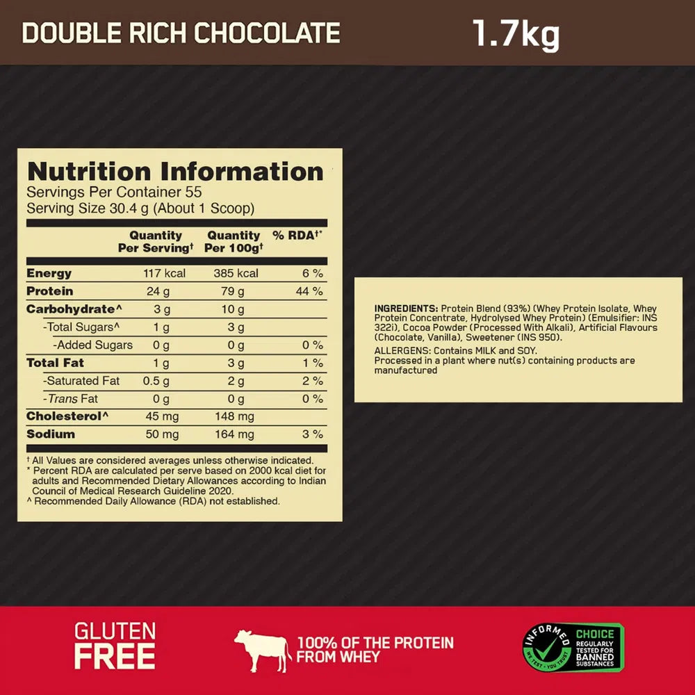 Optimum Nutrition (On) Gold Standard 100% Whey Protein Double Rich Chocolate Flavour 1.7 Kg