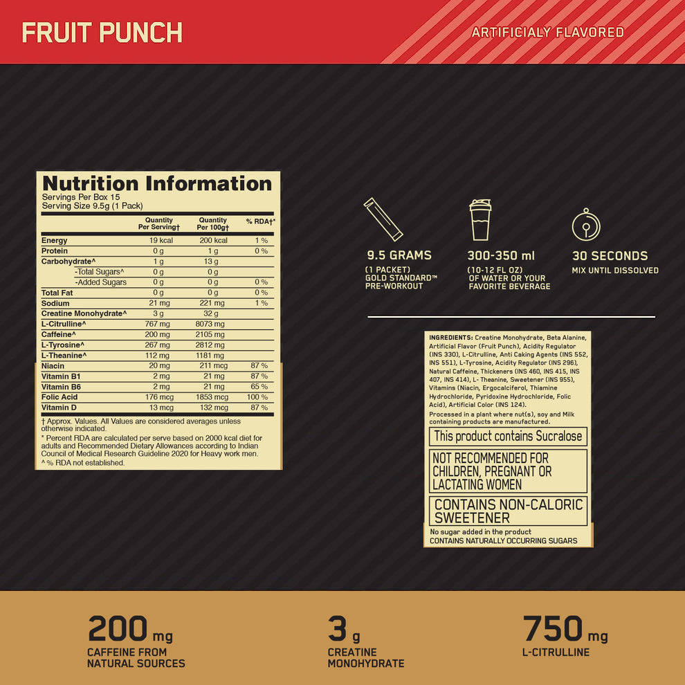 Optimum Nutrition (ON) Gold Standard Pre-Workout-15 single serve packs (Fruit Punch Flavor)