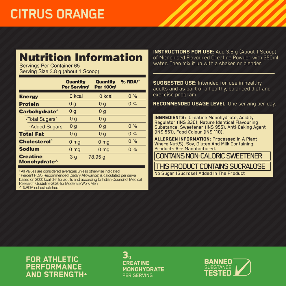 Optimum Nutrition (ON) Micronized Creatine Powder - 250g, Citrus Orange