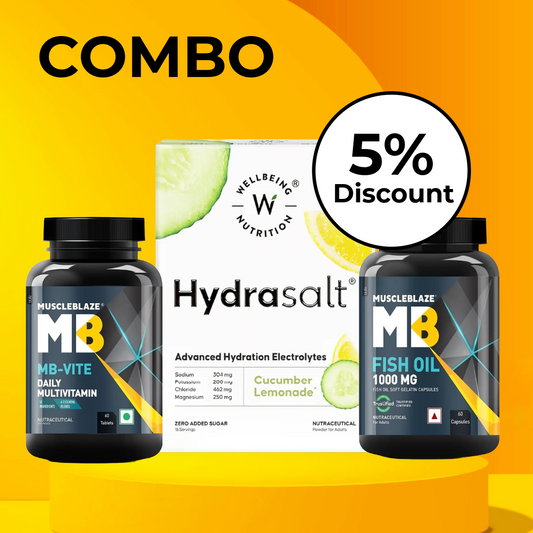 Wellbeing hydrasalt 15servings cucumber lemonade & Muscleblaze fishoil 1000mg 60caps & Muscleblaze Multivitamin 60caps