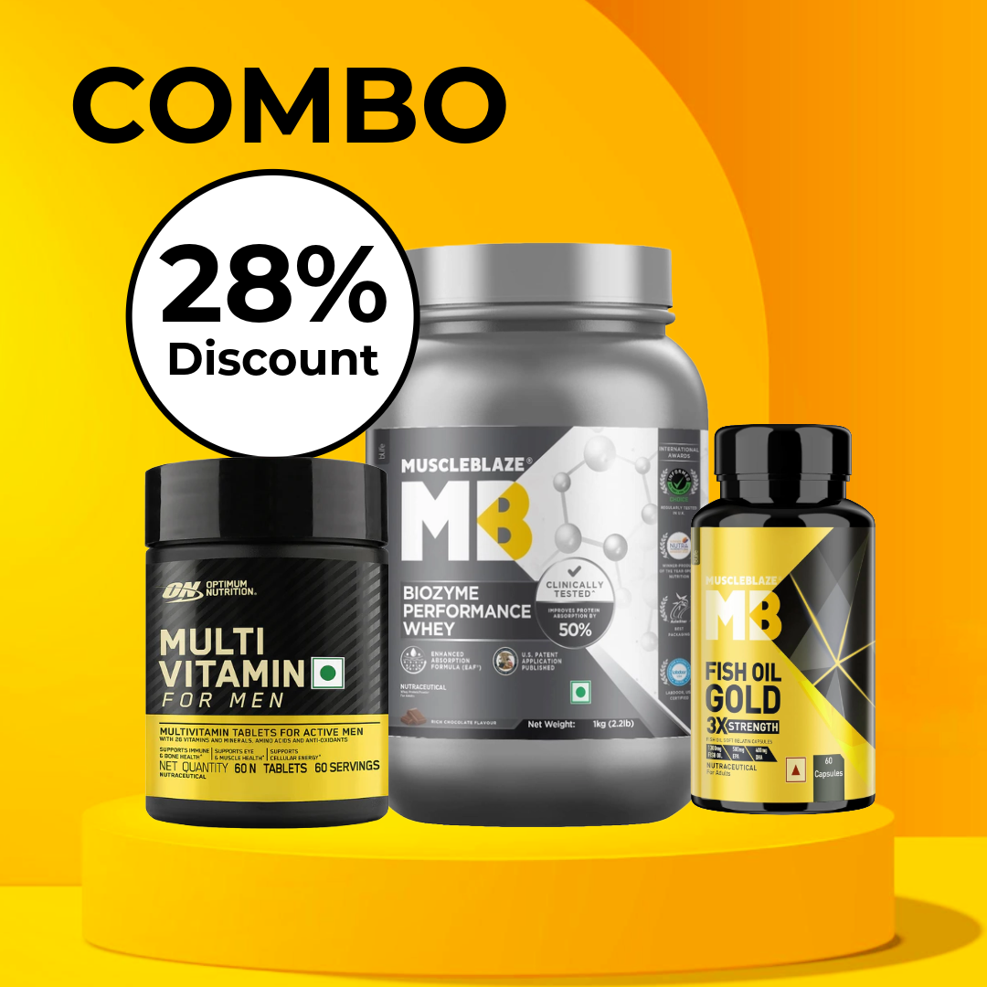 Muscle blaze whey 1kg rich chocolate & muscle blaze fish oil gold 60caps & on multivitamin 60caps