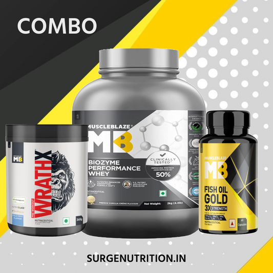Muscleblaze biozyme performance whey 2kg & Muscleblaze fishoil gold 60caps & Muscleblaze wrathx pre workout 340g.