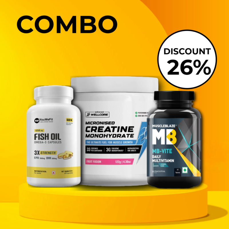 Muscleblaze multivitamin 60caps + Youwefit fishoil 3x strength 60caps + Wellcore creatine 122g flavoured