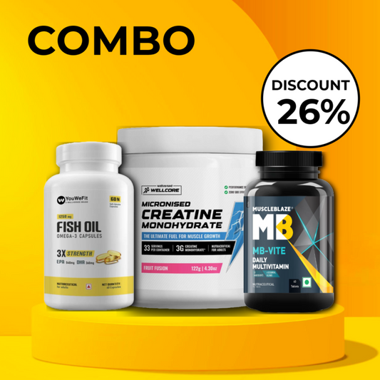 Muscleblaze multivitamin 60caps + Youwefit fishoil 3x strength 60caps + Wellcore creatine 122g flavoured