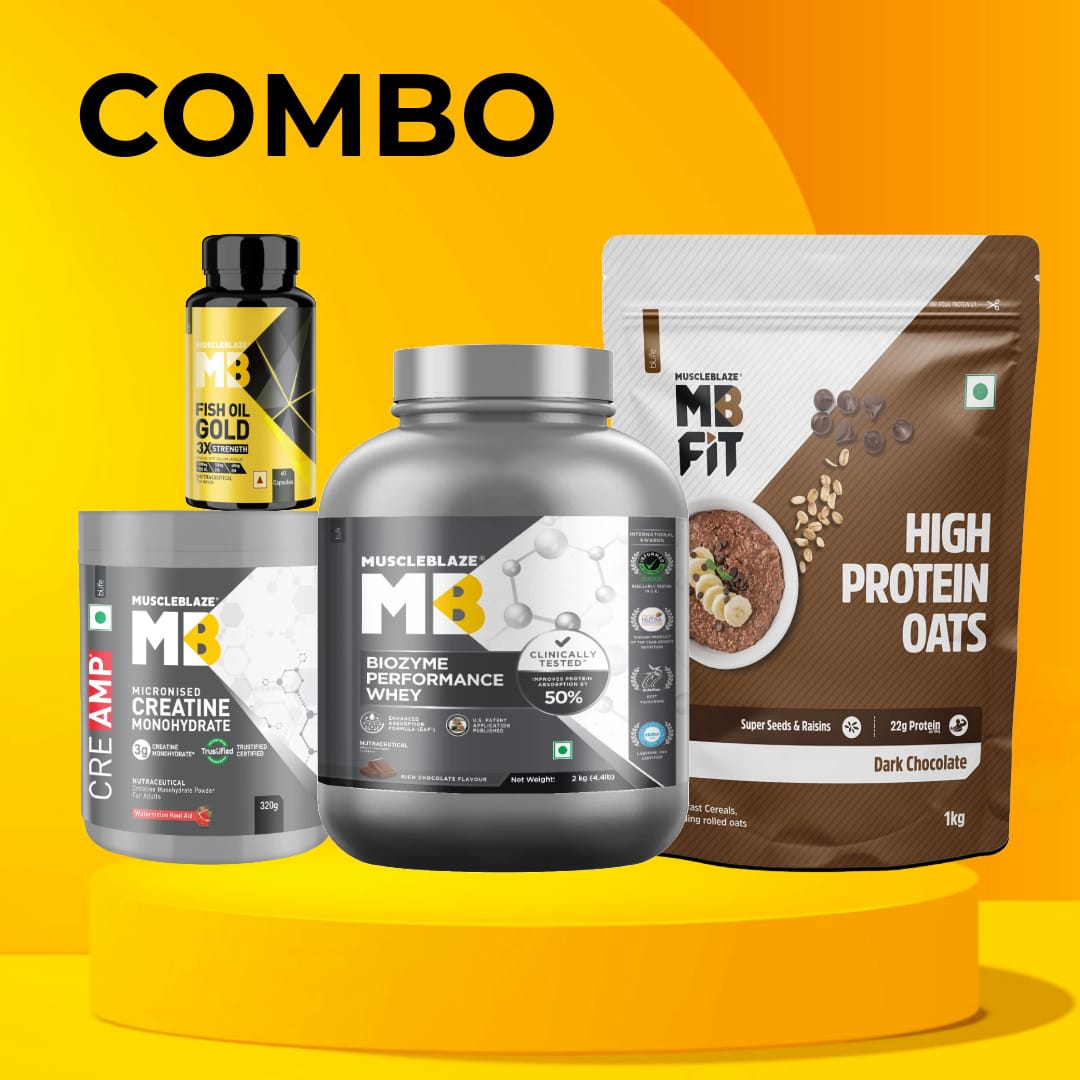 MuscleBlaze Creatine Monohydrate CreAMP 320g + MuscleBlaze Omega 3 Fish Oil Gold 3x Triple Strength 60capsules + MuscleBlaze Biozyme Performance Whey 2kg + MuscleBlaze oats 1kg chocolate