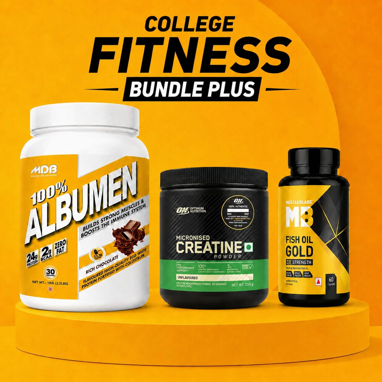 Mdb 1kg whey + mb fish oil gold + 250g Optimum Nutrition Unflavored creatine combo