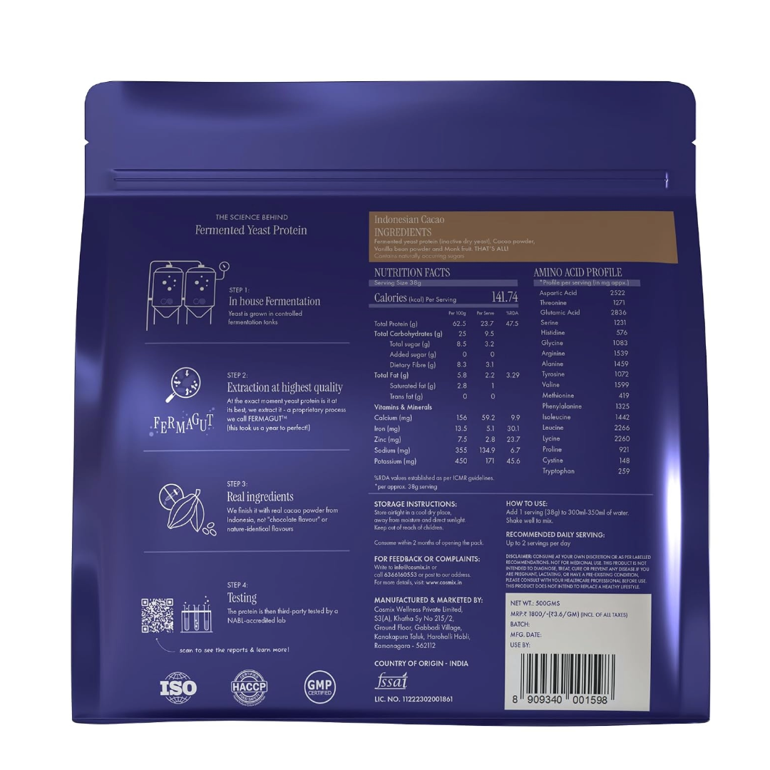 Cosmix Fermented Yeast Protein Powder | 24g Protein | Indonesian Cacao, 500g Pouch