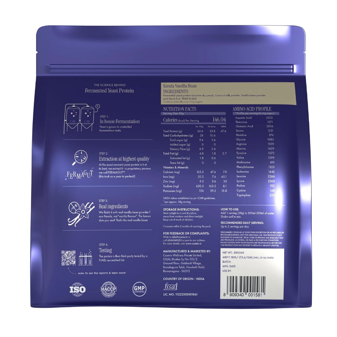 Cosmix Fermented Yeast Protein Powder | 24g Protein | Kerala Vanilla Bean, 500g Pouch