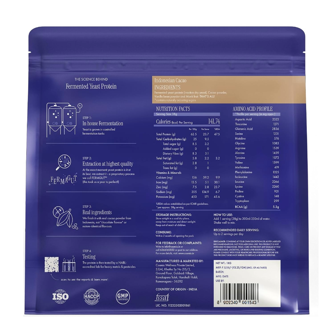 Cosmix Fermented Yeast Protein Powder | 24g Protein | Indonesian Cacao, 1Kg Pouch