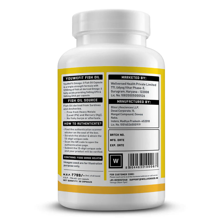YouWeFit Omega-3 Fish Oil (30 Capsules)| 1250mg Triple Strength Fish Oil Capsules