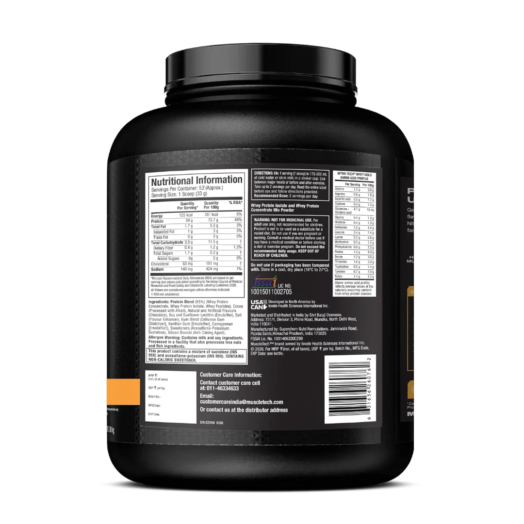 MuscleTech Nitro-Tech Whey Gold Protein Powder | Double Rich Chocolate| 1.72 kg