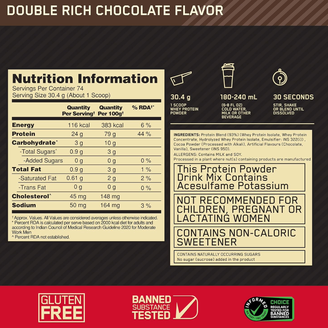 Optimum Nutrition (On) Gold Standard 100% Whey Protein Double Rich Chocolate Flavour | 5LBS