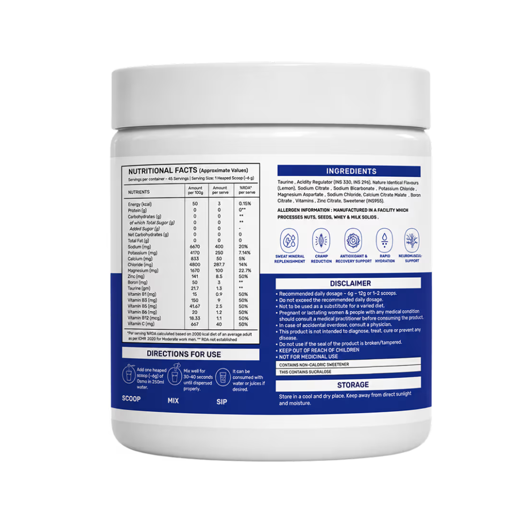 OSMO - Electrolyte Hydration Blend (Advanced Salts + Taurine & Vitamins) | Lemon & Lime (270g, 45 Servings)